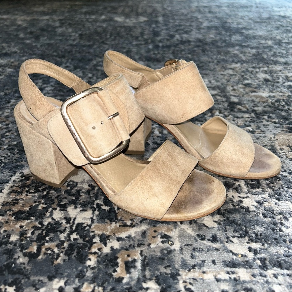 Stuart Weitzman Suede Block Heel Sandals Soho Tan - image 8